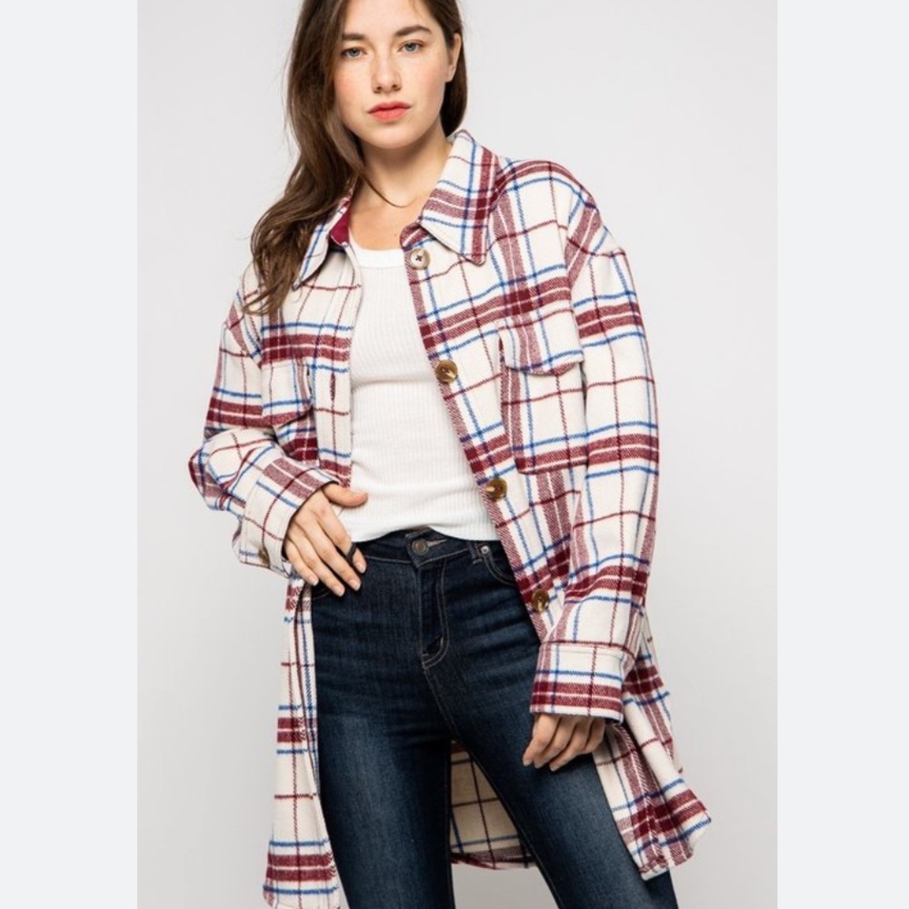 Brooklyn & Bailey Akaiv wool blend off white plaid shacket